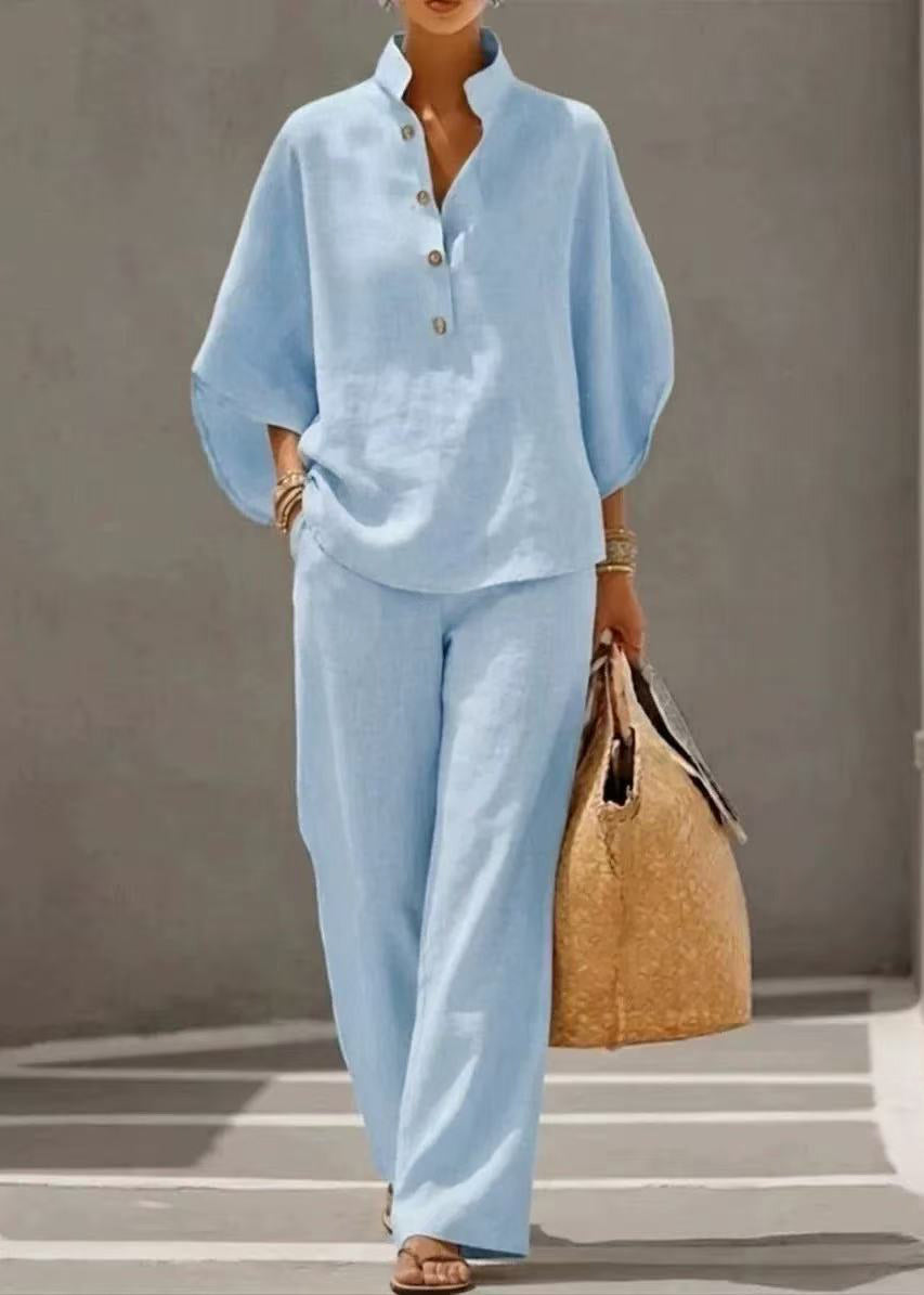 Sky Blue Cotton Two Piece Set Women Clothing Stand Collar Fall