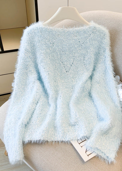 Sky Blue Floral Decorated Sweaters Oversized Nail Bead Winter