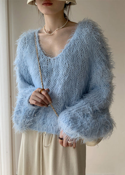 Sky Blue Hollow Ou Knit Sweater V Neck Batwing Sleeve