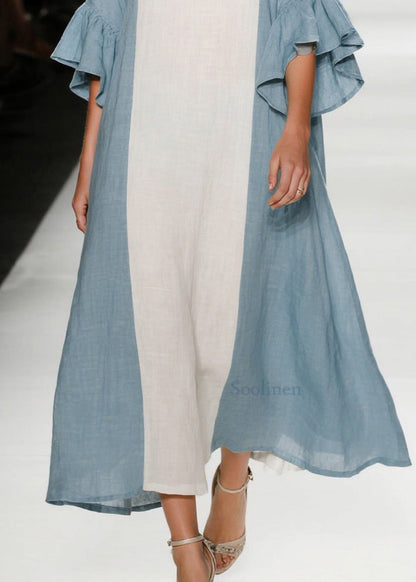 Sky Blue Patchwork Cotton Dresses Oversized Flare Sleeve