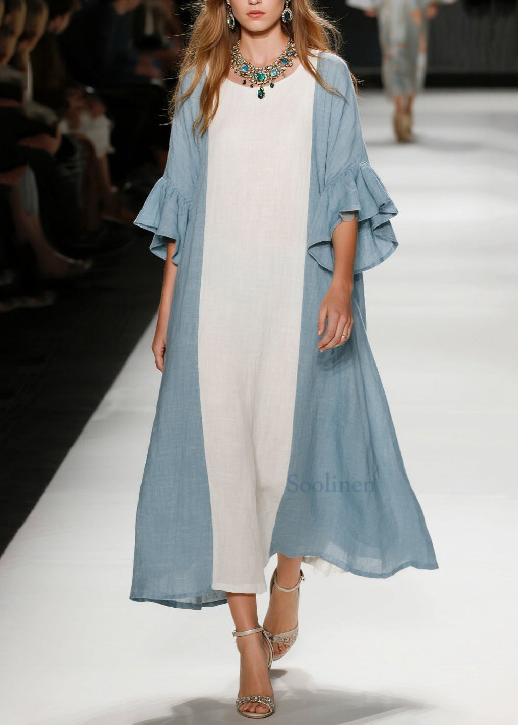 Sky Blue Patchwork Cotton Dresses Oversized Flare Sleeve