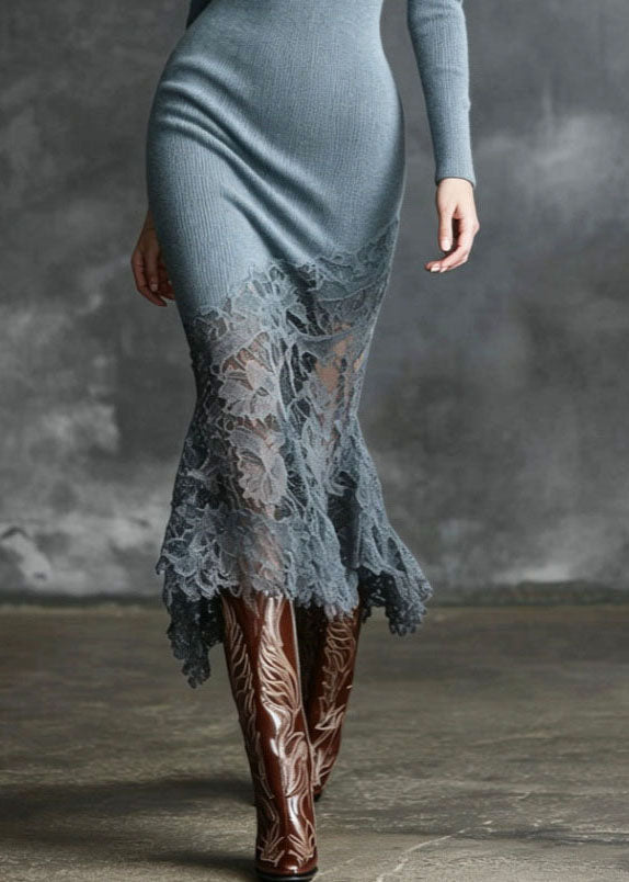 Sky Blue Patchwork Lace Knitwear Wraped Dress Winter