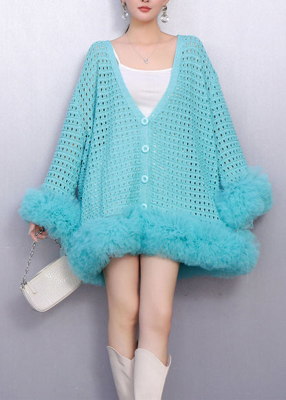 Sky Blue Patchwork Tulle Knit Cardigans Hollow Out Spring