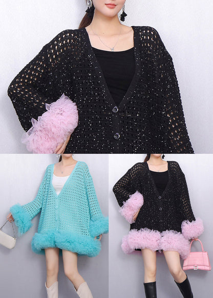 Sky Blue Patchwork Tulle Knit Cardigans Hollow Out Spring
