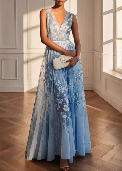Sky Blue Print Chiffon Party Dresses Exra Large Hem Summer