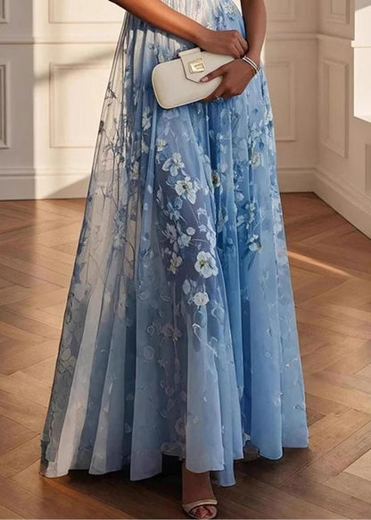 Sky Blue Print Chiffon Party Dresses Exra Large Hem Summer