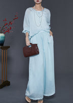 Sky Blue Silk Two Pieces Set Oversized Low High Design Spring