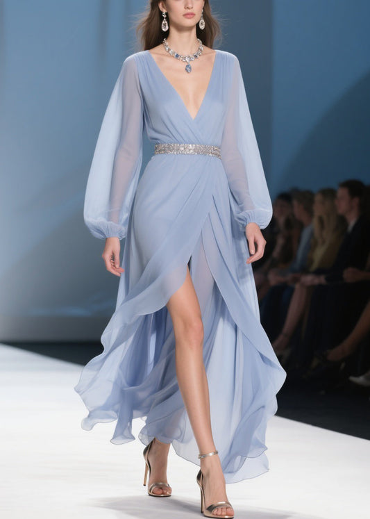Sky Blue Wrinkled Low High Design Long Dresses V Neck