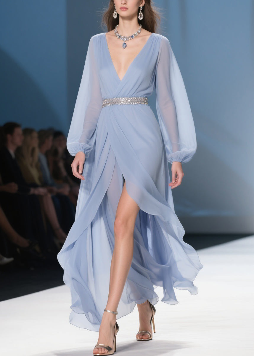 Sky Blue Wrinkled Low High Design Long Dresses V Neck