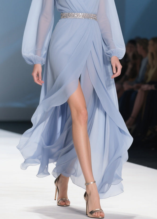 Sky Blue Wrinkled Low High Design Long Dresses V Neck