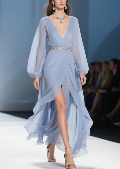 Sky Blue Wrinkled Low High Design Long Dresses V Neck