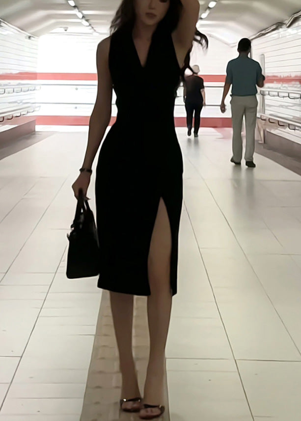 Slim Fi Black V Neck Side Open Maxi Spaghetti Strap Dresses Sleeveless