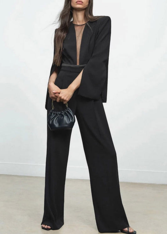 Slim Fie Black Tulle Patchwork Jumpsuits Flare Sleeve