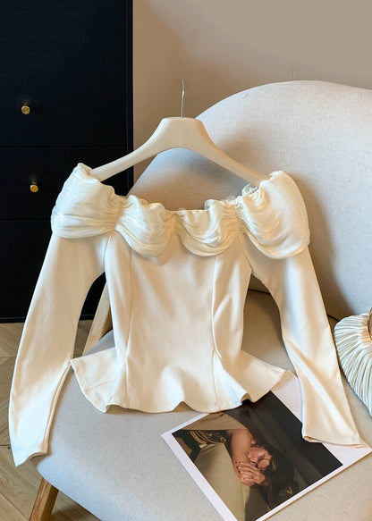 Slim Fit Apricot Floral Wrinkled Patchwork Cotton T Shirt