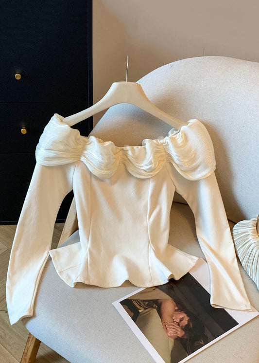 Slim Fit Apricot Floral Wrinkled Patchwork Cotton T Shirt