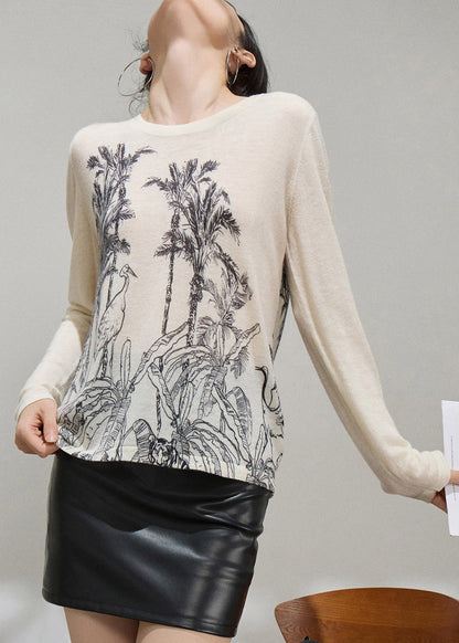 Slim Fit Apricot O Neck Print Thin Knit Sweater Fall