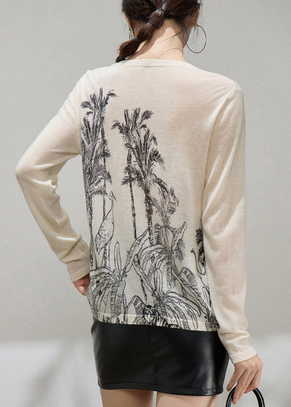 Slim Fit Apricot O Neck Print Thin Knit Sweater Fall