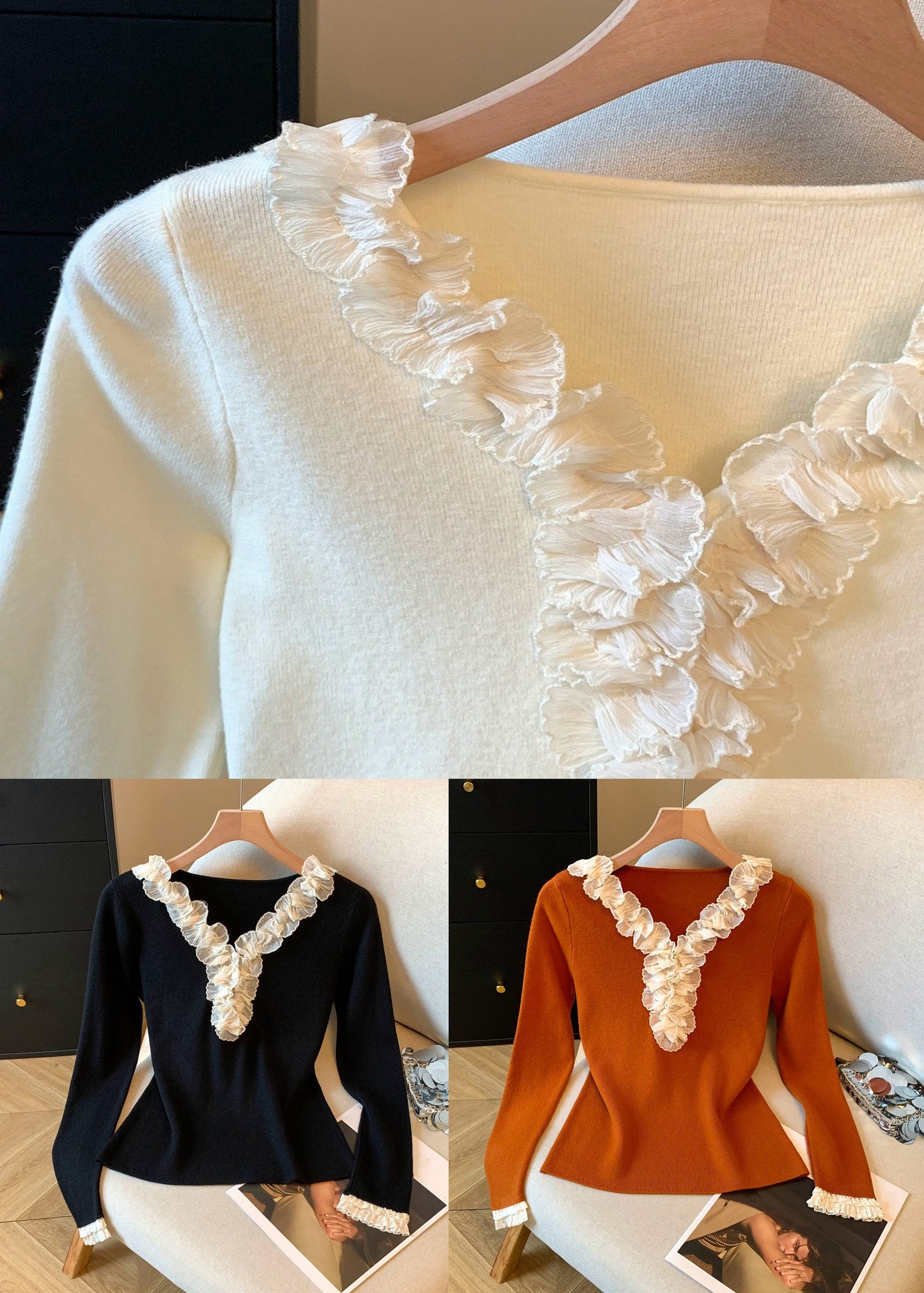 Slim Fit Apricot Ruffled Solid Knitting Cotton T Shirt Top