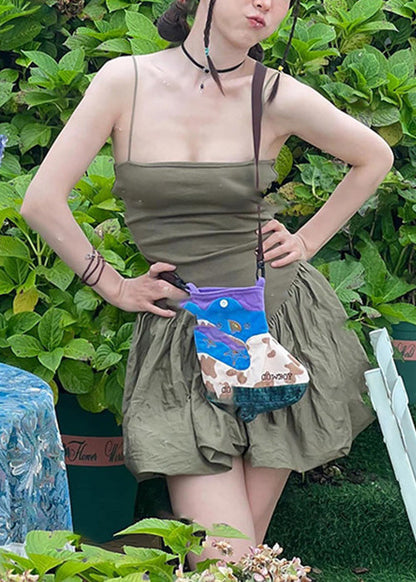 Slim Fit Army Green Backless Wrinkled Cotton Spaghetti Strap Dress Sleeveless