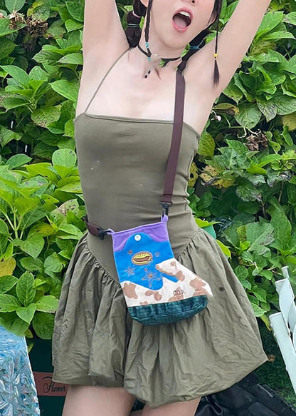 Slim Fit Army Green Backless Wrinkled Cotton Spaghetti Strap Dress Sleeveless