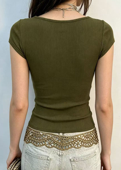 Slim Fit Army Green V Neck Butterfly Print Blouse Top Summer