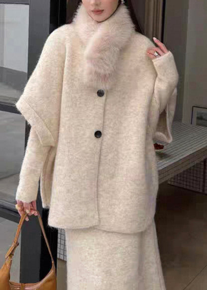 Slim Fit Beige Button Coat And Dresses Knit Three Piece Set Spring