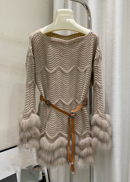 Slim Fit Beige Fox Patchwork Tie Waist Cotton Knit Sweaters Winter