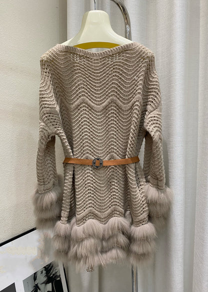 Slim Fit Beige Fox Patchwork Tie Waist Cotton Knit Sweaters Winter