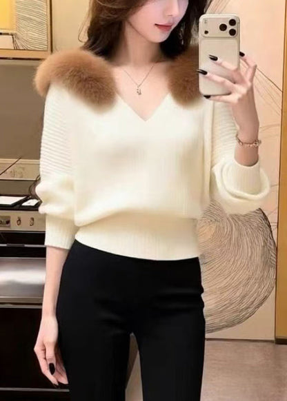 Slim Fit Beige Fur Collar Solid Knit Sweater Tops Winter
