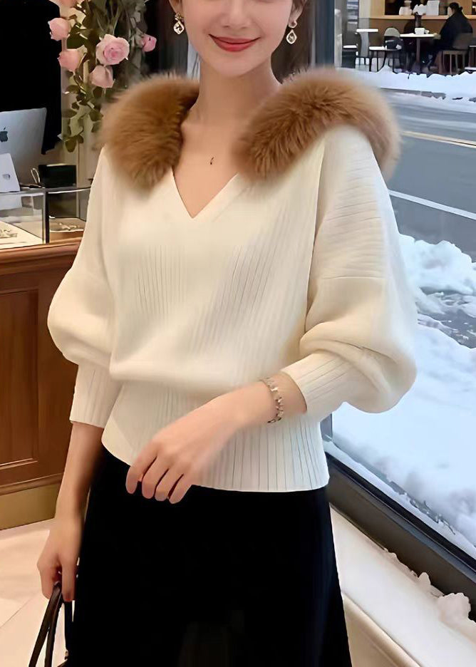 Slim Fit Beige Fur Collar Solid Knit Sweater Tops Winter