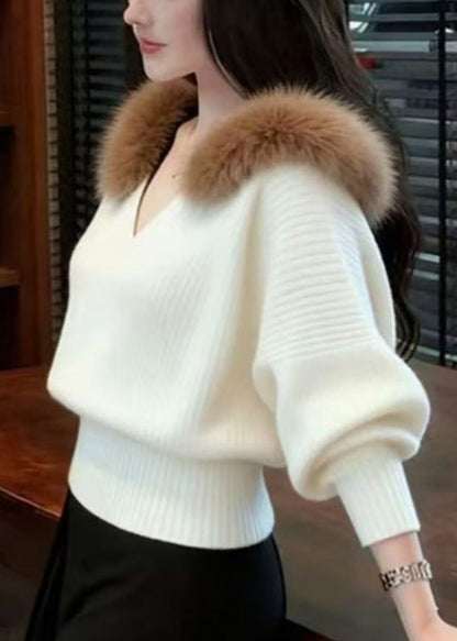 Slim Fit Beige Fur Collar Solid Knit Sweater Tops Winter