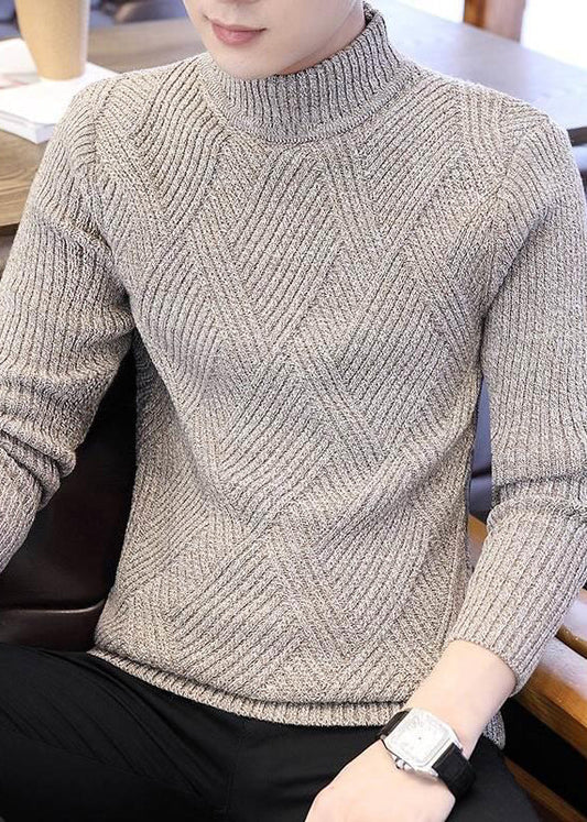 Slim Fit Beige Plaid Solid Knit Mens Sweaters Winter