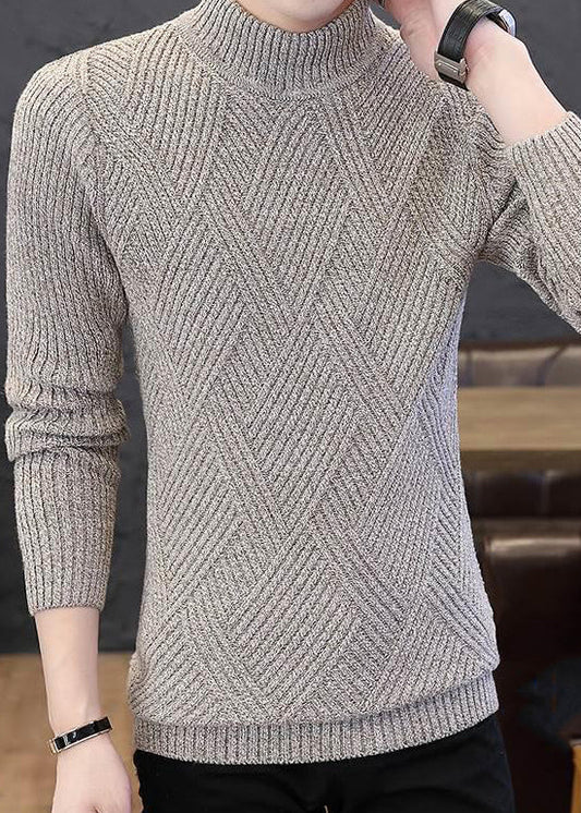 Slim Fit Beige Plaid Solid Knit Mens Sweaters Winter