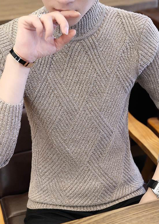 Slim Fit Beige Plaid Solid Knit Mens Sweaters Winter