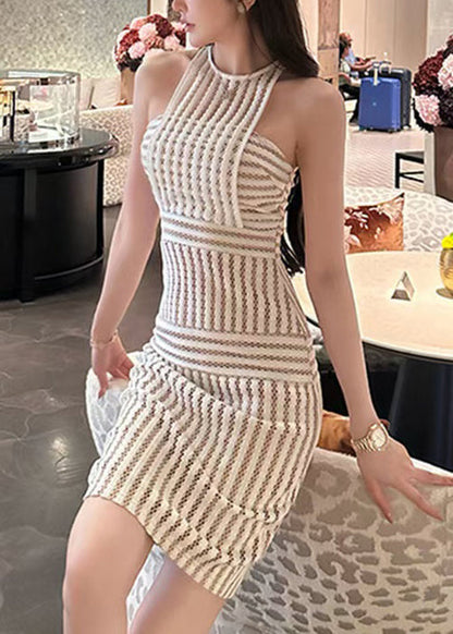 Slim Fit Beige Striped Hollow Out Lace Dress Sleeveless