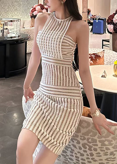 Slim Fit Beige Striped Hollow Out Lace Dress Sleeveless