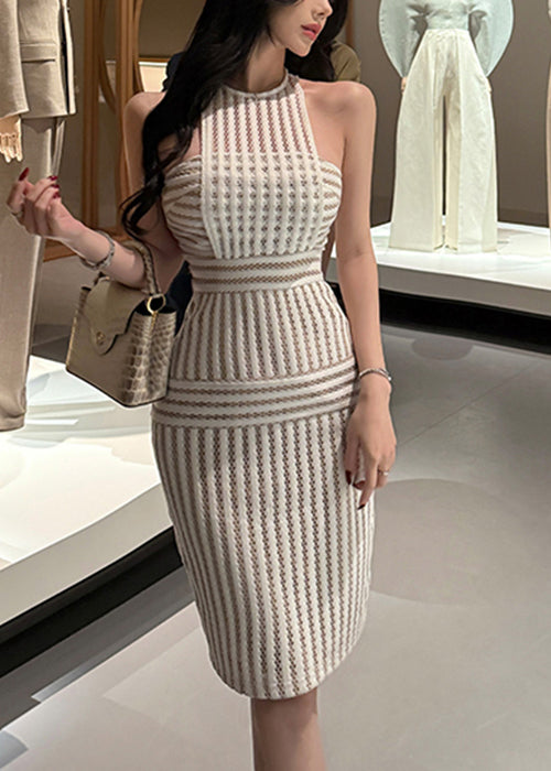 Slim Fit Beige Striped Hollow Out Lace Dress Sleeveless