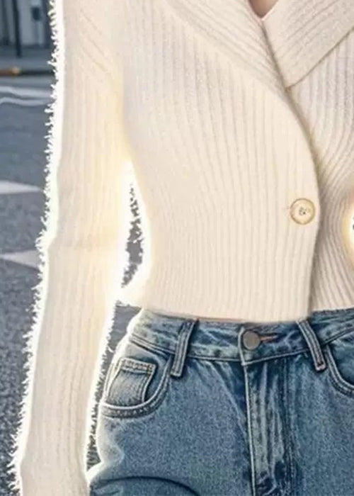 Slim Fit Beige V Neck Button Solid Knit Sweater Winter