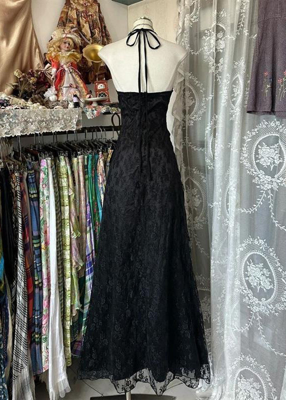 Slim Fit Black Backless Ruffled Lace Long Dress Sleeveless