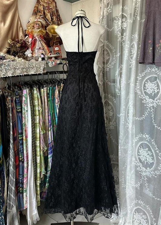 Slim Fit Black Backless Ruffled Lace Long Dress Sleeveless