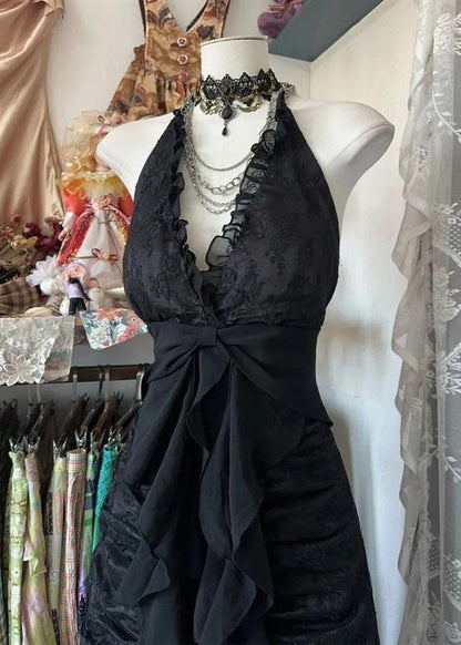 Slim Fit Black Backless Ruffled Lace Long Dress Sleeveless