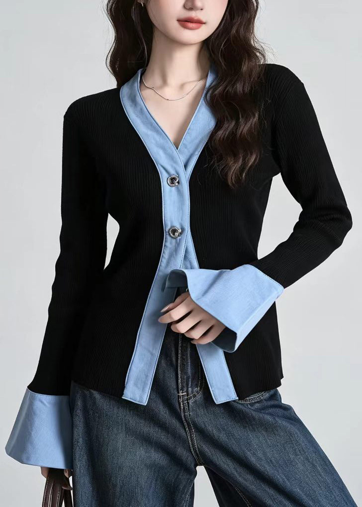 Slim Fit Black Blue V Neck Patchwork Knit Cardigan Fall