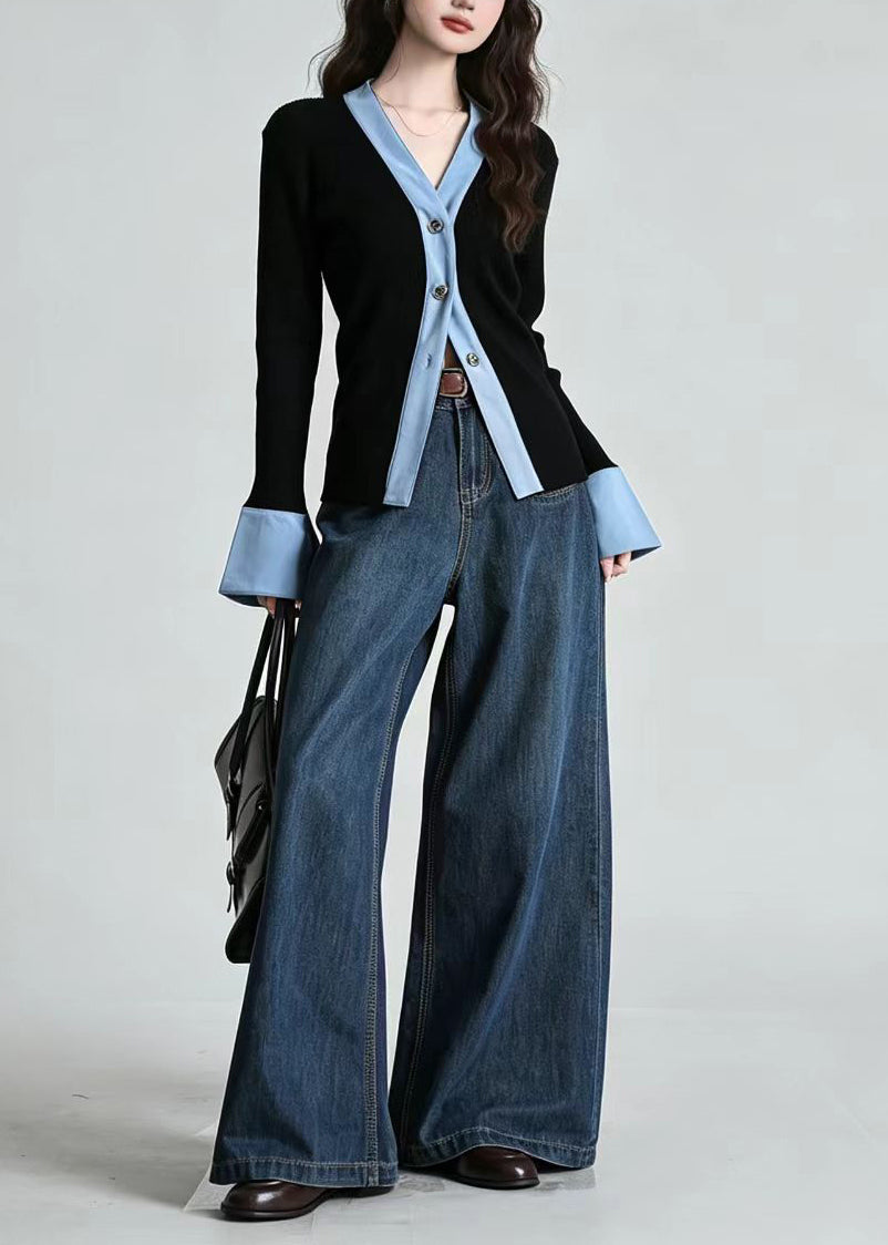Slim Fit Black Blue V Neck Patchwork Knit Cardigan Fall