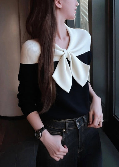 Slim Fit Black Bow Patchwork Knit Sweaters Winter