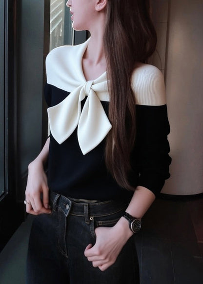 Slim Fit Black Bow Patchwork Knit Sweaters Winter
