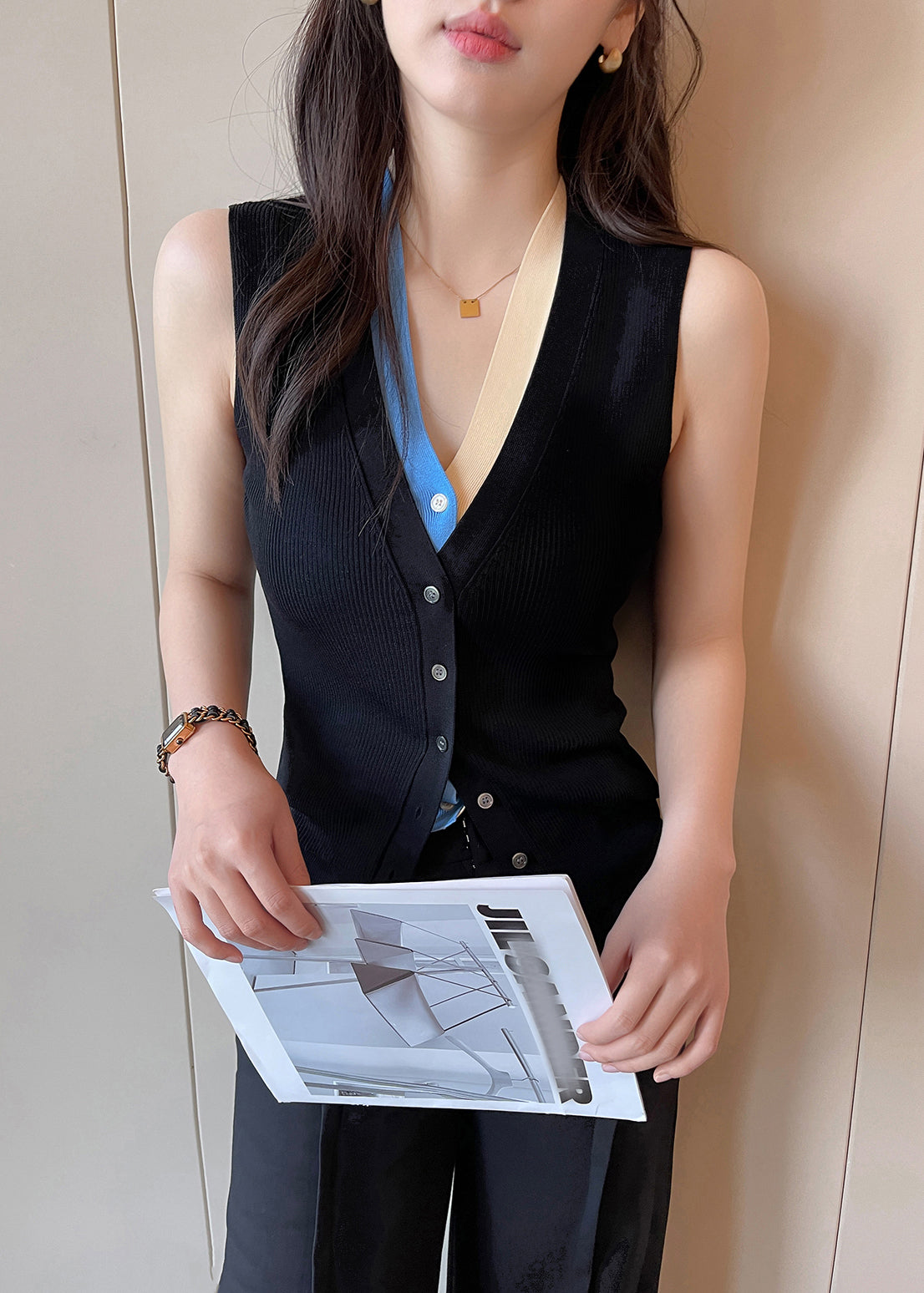 Slim Fit Black Button Patchwork False Two Pieces Knit Vest Sleeveless