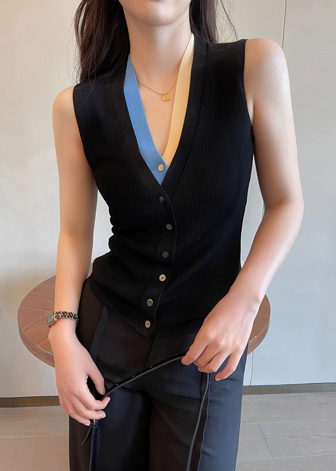 Slim Fit Black Button Patchwork False Two Pieces Knit Vest Sleeveless