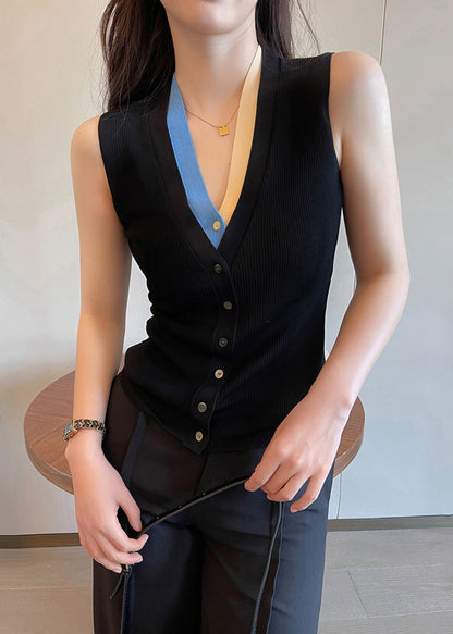 Slim Fit Black Button Patchwork False Two Pieces Knit Vest Sleeveless