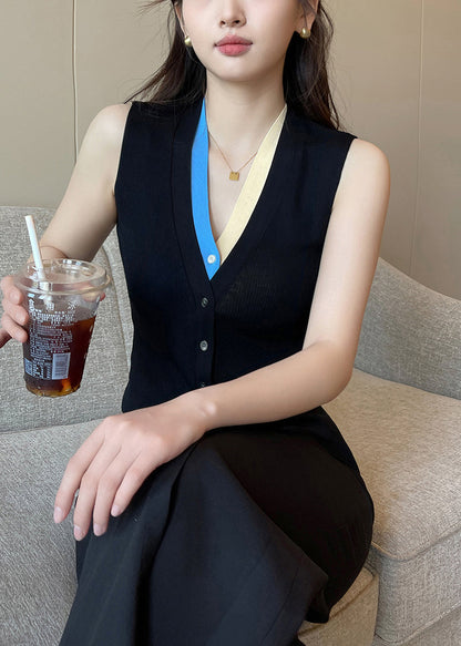 Slim Fit Black Button Patchwork False Two Pieces Knit Vest Sleeveless
