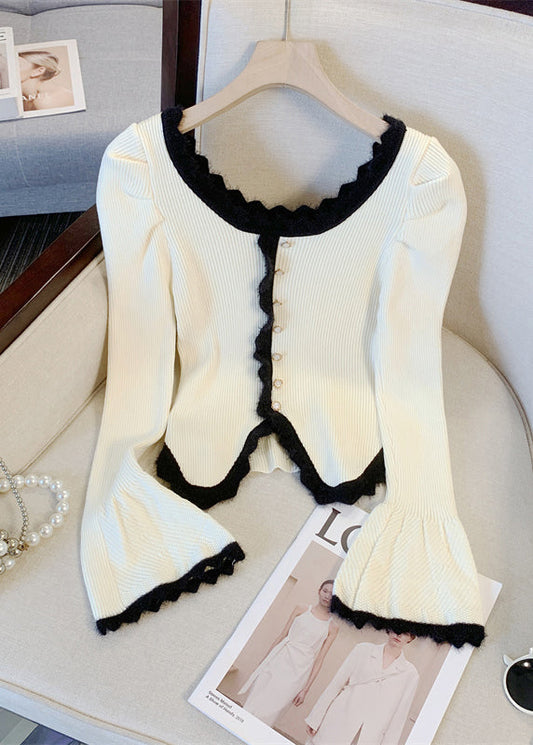 Slim Fit Black Button Patchwork Knit Sweater Flare Sleeve